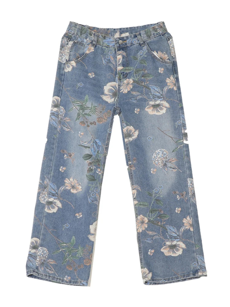 american high street floral printed jeans for men 2024 new y2k vintage denim trousers hip hop fashion wide leg baggy jean pants unique jeans style 402
