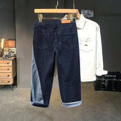 men streetwear splice denim fashion brand hip hop loose casual straight jeans pant cityboy deep blue y2k jeans trousers for men urban skinny jeans