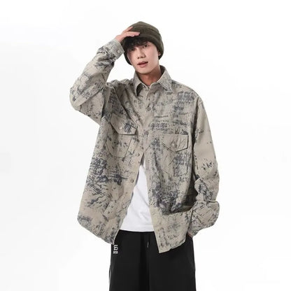 tie dye denim jacket mens new american high street multiple pockets washed cowboy coats fashion lapel loose tooling outwear unique jeans style 3321