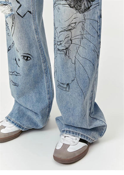 men baggy ripped jeans graffiti printed straight denim pants distressed jeans male streetwear hip hop jeans trousers y2k unique jeans style 5511