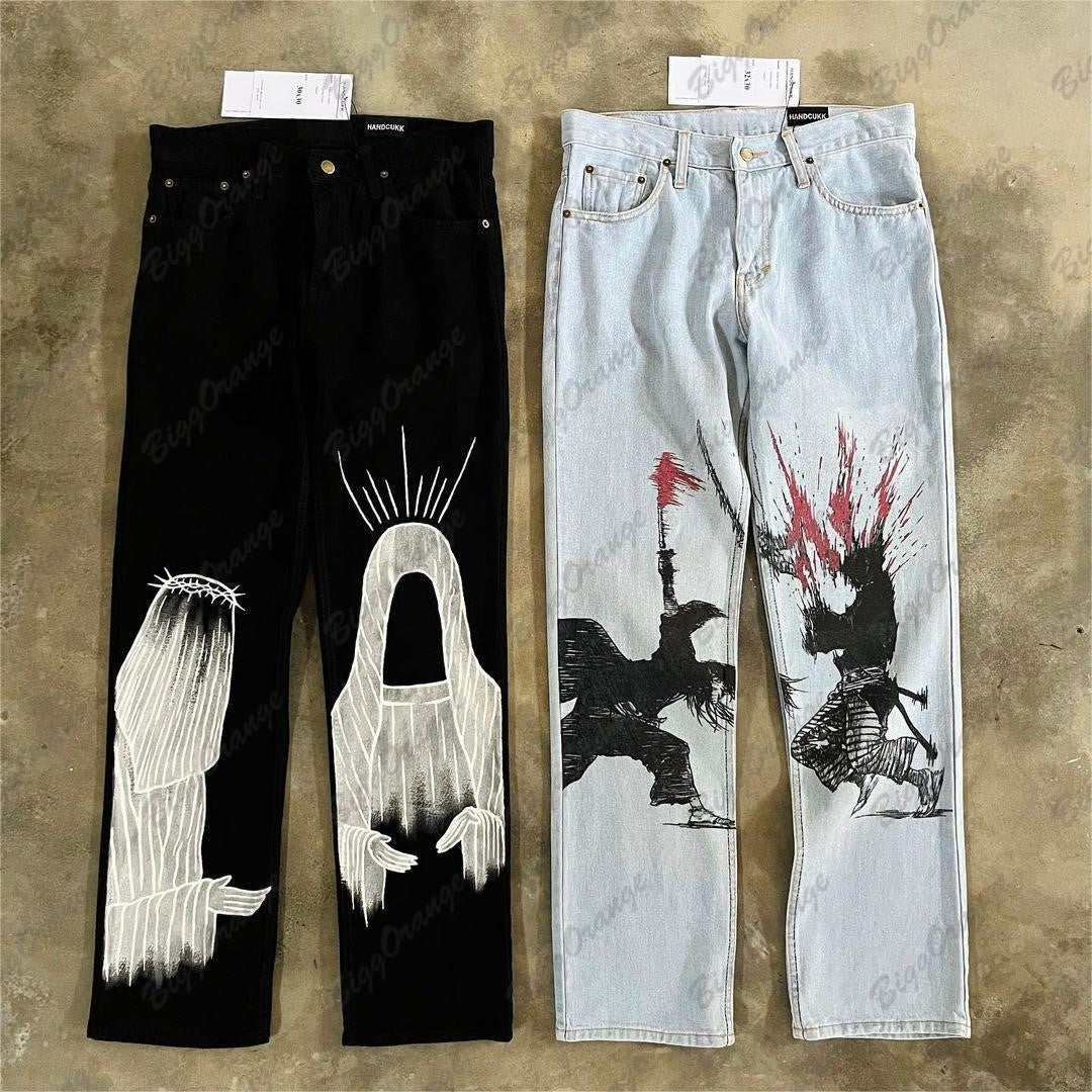 y2k medieval samurai print jeans vintage high street hip hop loose wide leg mens and womens trousers baggy jeans women unique jeans style 2211