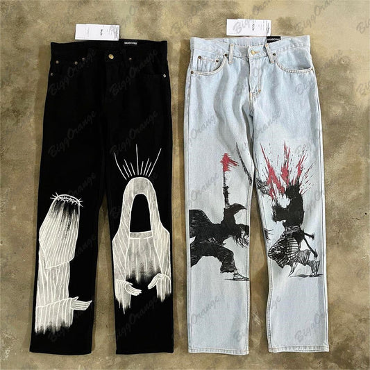 y2k medieval samurai print jeans vintage high street hip hop loose wide leg mens and womens trousers baggy jeans women unique jeans style 2211