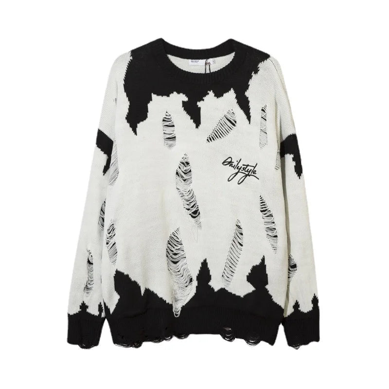 Destroyed Ripped Holes Knitted Sweater Men Pullover Long Sleeve 0-neck Oversize Winter Sweater Harajuku Streetwear Autumn Jumper Street King Limited