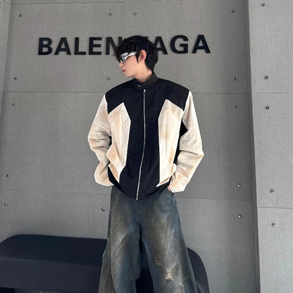 street american color block mens jacket 2024 new autumn zipper patchwork shoulder pads racing coats motorcycle windbreaker urban fashion pants