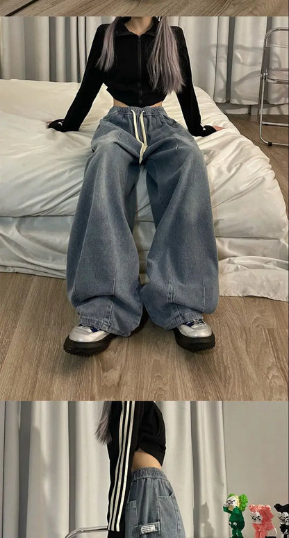 american retro trend personalized elastic band straight leg jeans for men and women loose and wide leg floor length casual pants unique jeans style 4535
