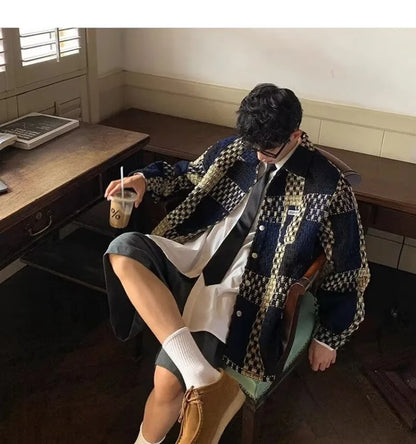 high street lattice mens jackets woven fabric single breasted loose harajuku shirt coats letter embroidered casual male tops unique default style 1820