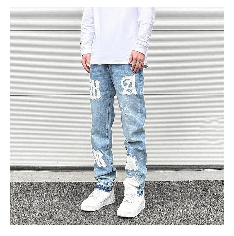 letters patckwork bottom ripped denim jeans men casual straight biker trousers fashion streetwear hip hop jean pants joggers unique joggers style 2722
