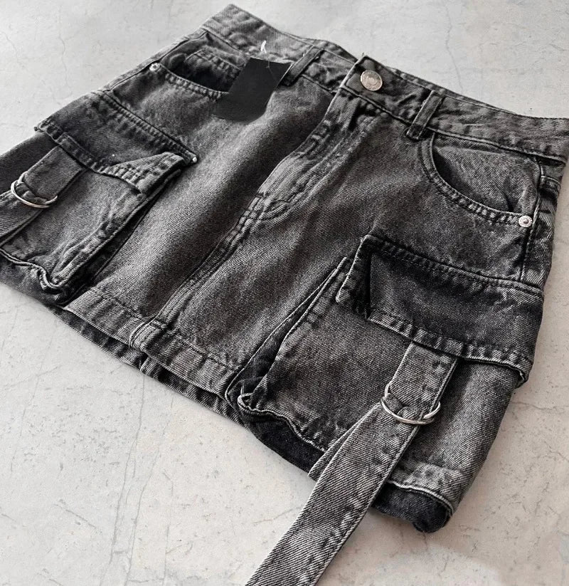 Vintage Y2K New Harajuku Multiple Pockets Denim Plaid Skirt Goth Black Mini Skir Fashion Womens Casual Versatile Sexy Streetwear Street King Limited