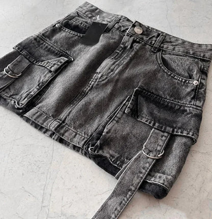 Vintage Y2K New Harajuku Multiple Pockets Denim Plaid Skirt Goth Black Mini Skir Fashion Womens Casual Versatile Sexy Streetwear Street King Limited