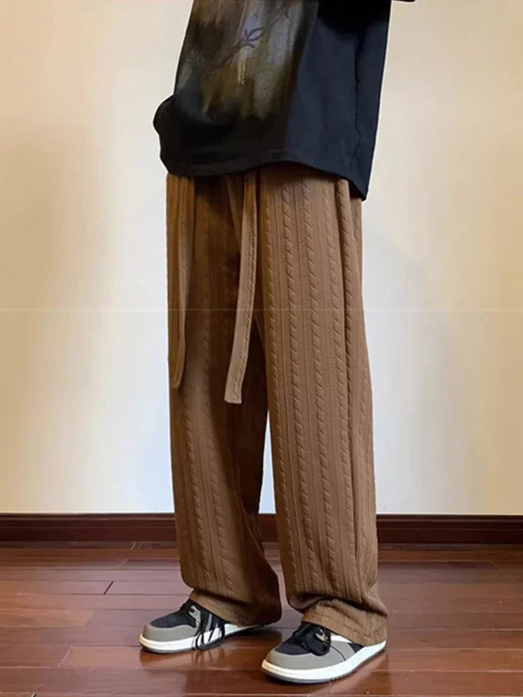 autumn waffle foam striped design pants for men new high street wide leg straight trousers casual y2k vintage pantalones hombre unique default style 109