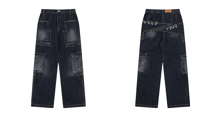 fashion punk rings streetwear loose pants unisex casual multiple pockets wide legs jean pants hip hop joggers men baggy jeans unique joggers style 495