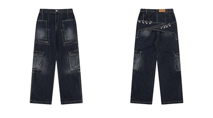 fashion punk rings streetwear loose pants unisex casual multiple pockets wide legs jean pants hip hop joggers men baggy jeans unique joggers style 495