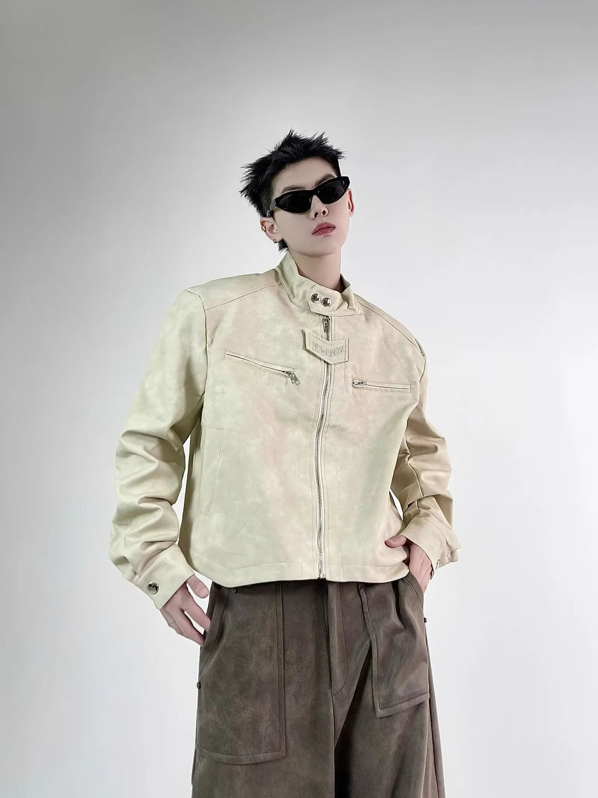 retro motorcycle pu leather jacket mens brown coffee short punk stand collar bomber coats spring high street racing suit new unique shorts style 3352