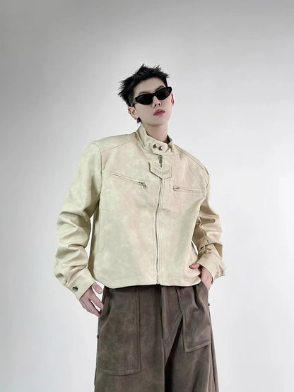 retro motorcycle pu leather jacket mens brown coffee short punk stand collar bomber coats spring high street racing suit new unique shorts style 3352