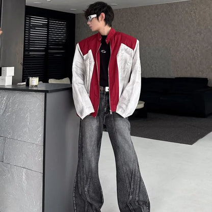 street american color block mens jacket 2024 new autumn zipper patchwork shoulder pads racing coats motorcycle windbreaker unique default style 3243