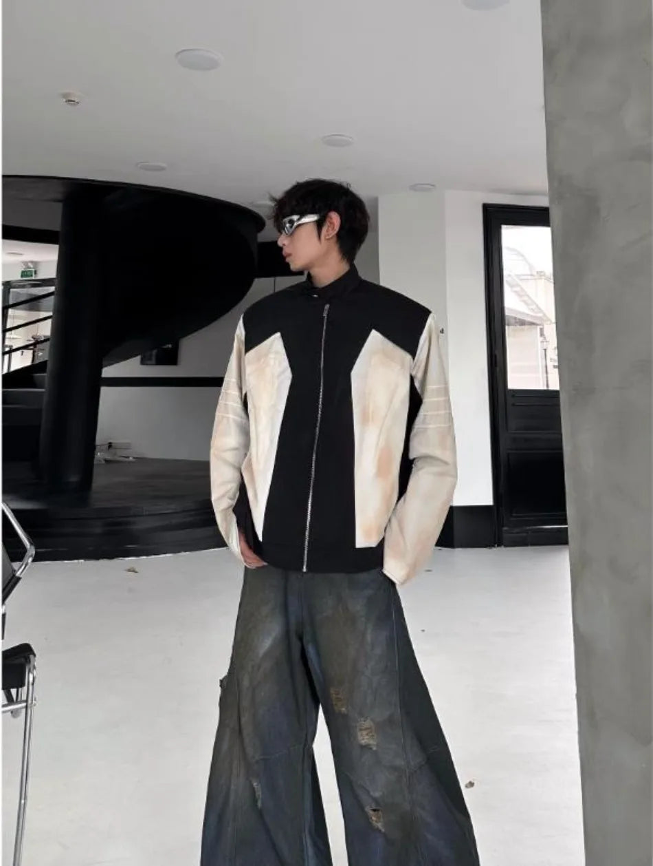 street american color block mens jacket 2024 new autumn zipper patchwork shoulder pads racing coats motorcycle windbreaker unique default style 3221