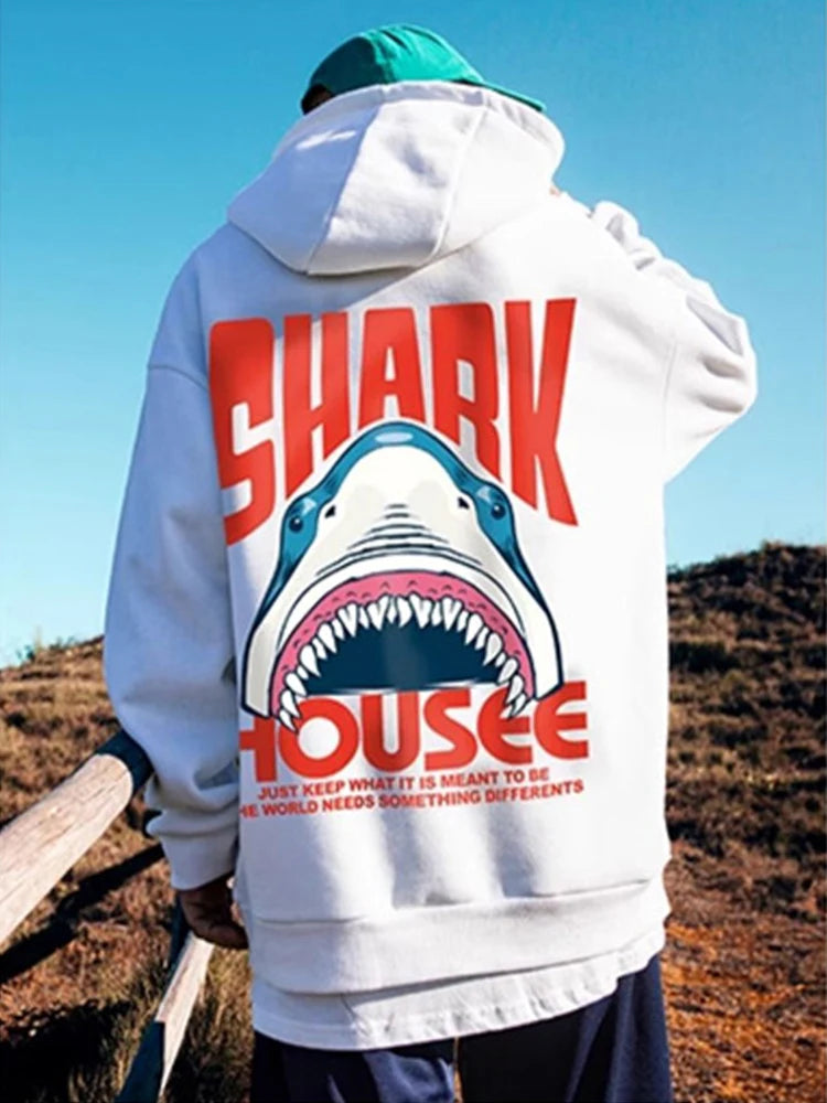 New in Anime Shark Graphic Printed Hooded Sweatshirts Men Hip Hop Fashion Pullover Hoodies Y2K Streetwear Loose Fleece Hoody Street King Limited