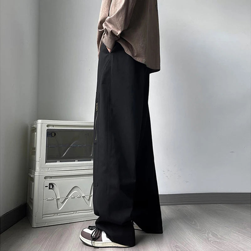 new korean fashion cargo straight pants for men autumn casual zipper pocket drawstring trousers classic tactical y2k pantalones 1 unique cargo style 231