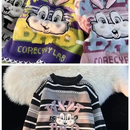 Sweet cool bunny striped knitted sweater for women in autumn and winter loose outer wear lazy style soft and waxy milk kawaii Street King Limited