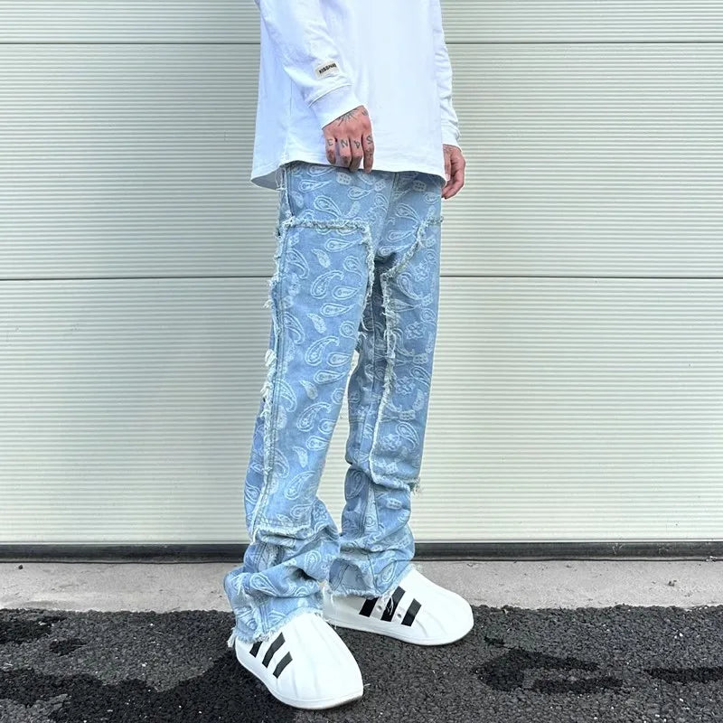 y2k frayed urban cashew flower full print patchwork baggy flare jeans for men straight pantalones hombre oversize denim trousers ripped baggy denim