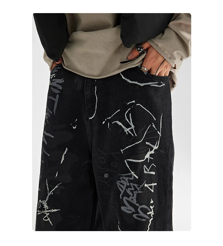fashion graffiti printed denim jeans men unisex casual zipper wide legs straight jeans streetwear hip hop baggy pants joggers unique joggers style 4076