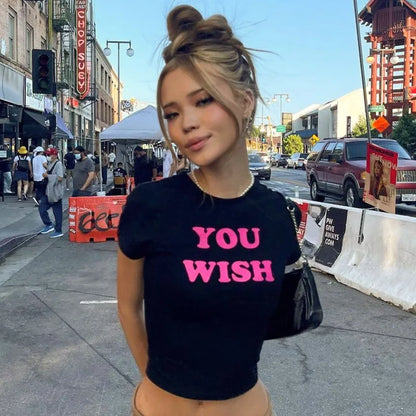 Aesthetic Fashion 2000S Cute Pink Letter Print Black Baby Tee Y2K Clothes Streetwear Vintage Short Sleeve Crop Top Women T-shirt Street King Limited