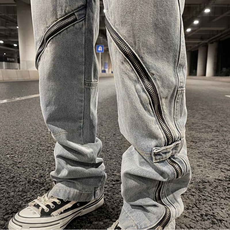 fashion denim straight pants hip hop jeans with zipper streetwear trousers new summer casual joggers men designer jeans for men unique joggers style 147
