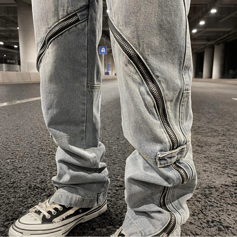 fashion denim straight pants hip hop jeans with zipper streetwear trousers new summer casual joggers men designer jeans for men relaxed fit joggers