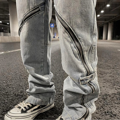 fashion denim straight pants hip hop jeans with zipper streetwear trousers new summer casual joggers men designer jeans for men relaxed fit joggers