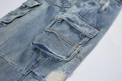 mens baggy jeans side big pocket distressed ripped denim jean straight pants high street cargo jean pants hip hop joggers jeans unique joggers style 1991