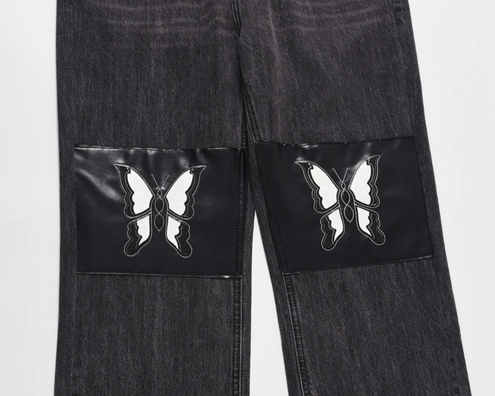 retro pu leather butterfly embroidery black jeans for men straight patchwork casual baggy denim pants loose jean trousers unique jeans style 1268