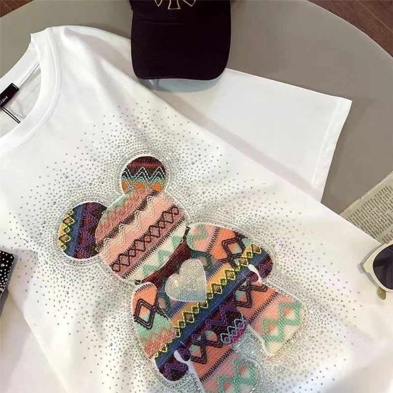 Chic Diamonds Bear Embroidery Cute T Shirts 5XL Oversized Loose Summer Cotton Y2k Tops Japan Kawaii Harajuku White Graphic Tee Street King Limited