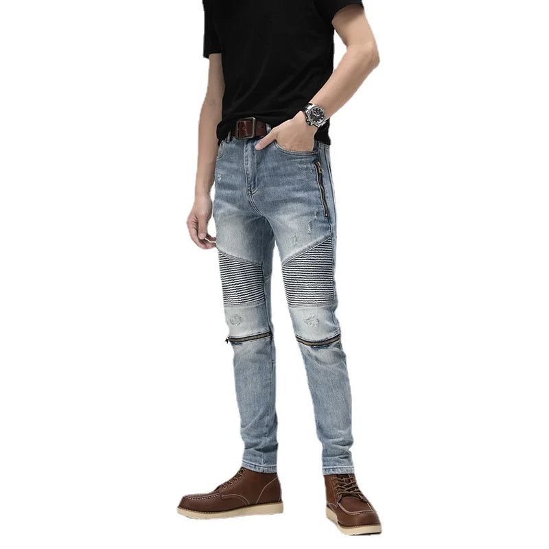 knee zipper patchwork pleated skinny denim jeans men casual slim biker trousers jeans fashion streetwear hip hop pants joggers unique joggers style 121