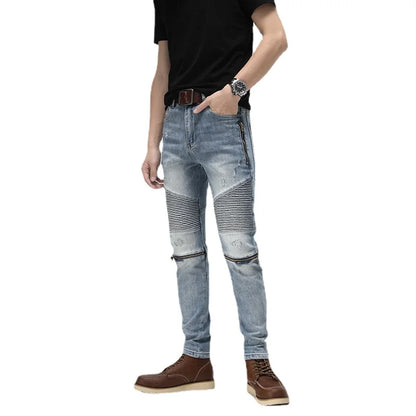 knee zipper patchwork pleated skinny denim jeans men casual slim biker trousers jeans fashion streetwear hip hop pants joggers unique joggers style 121