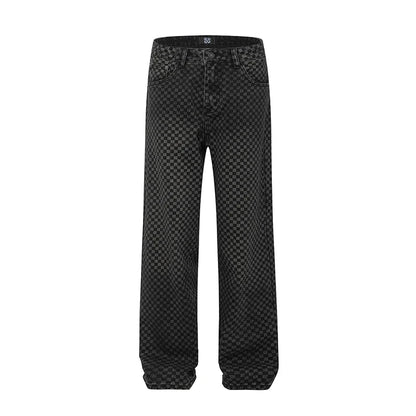 men streetwear fashion hip hop loose casual print black plaid denim pant jeans man vibe straight cowboy baggy jeans trousers unique jeans style 1453