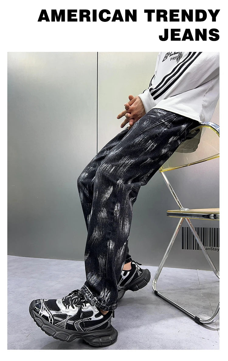 2024 y2k fashion streetwear wide leg denim pants men loose straight jeans high street spring autumn graffiti baggy trousers unique jeans style 951