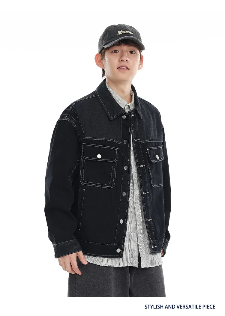 black denim splice coat mens streetwear fashion vintage loose casua plus size denim jacket man spring autumn coat outerwear unique jeans style 882