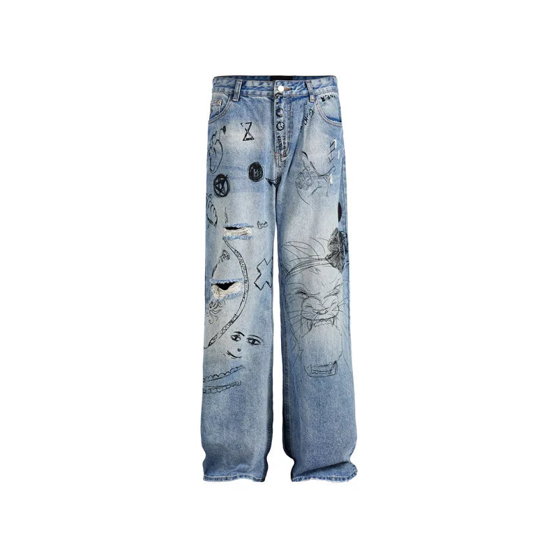 men baggy ripped jeans graffiti printed straight denim pants distressed jeans male streetwear hip hop jeans trousers y2k unique jeans style 5500