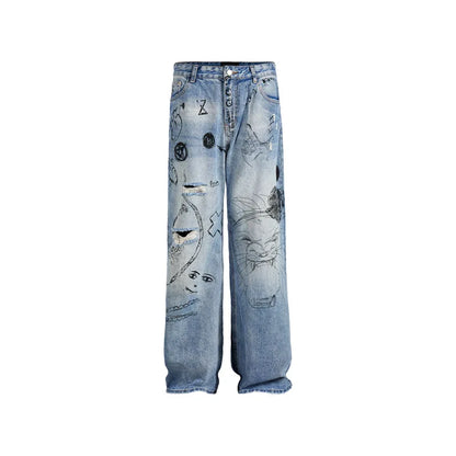 men baggy ripped jeans graffiti printed straight denim pants distressed jeans male streetwear hip hop jeans trousers y2k unique jeans style 5500