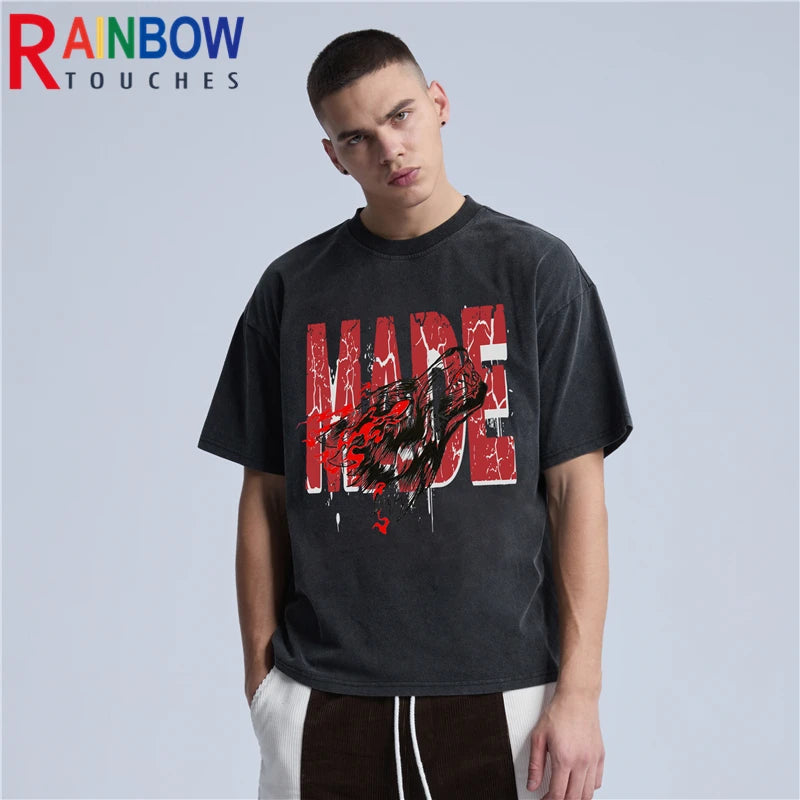 Rainbowtouches 2022 New Brand Mens  Vintage T-Shirt High Street Tidal Current Letter Design Mens T Shirt Men Hip Hop Women Shirt Street King Limited
