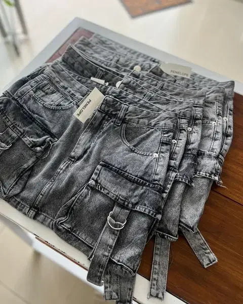 Harajuku Vintage Gothic Y2K New Fashion Skirt Women Sexy Hot Girl High Waist Slim Mini Skirt Multi Pocket Denim Skirt StreetWear Street King Limited