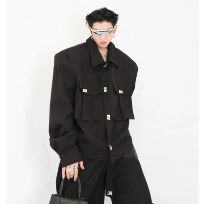 trendy high street jacket mens unisex metal button shoulder pad short coats multi pocket punk hip hop loose outwear oversized drawstring street shorts