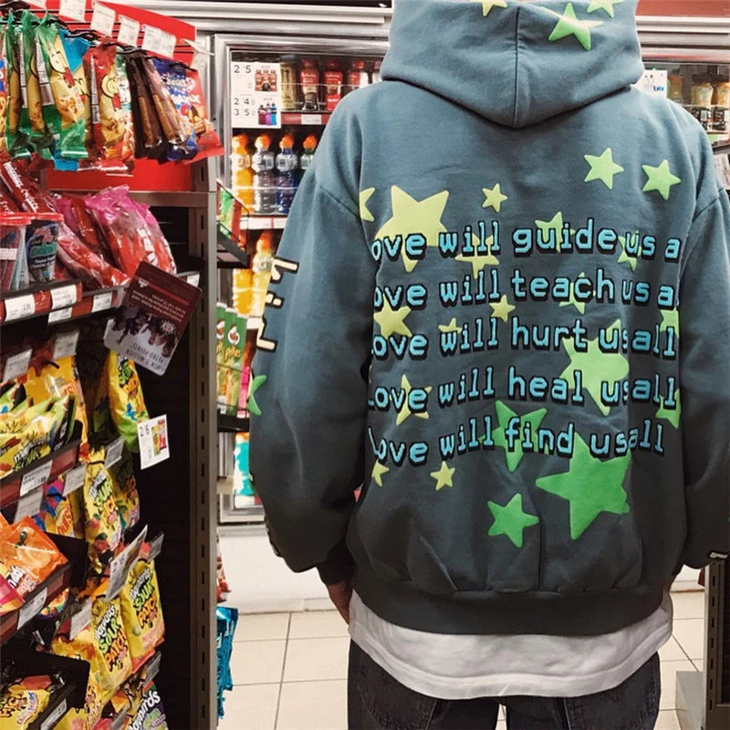 High Street Letter Foam Stars Print Men's and Women's Fleece Hoodie Retro Autumn and Winter Casual Pullover Hooded Sweatshirts Street King Limited