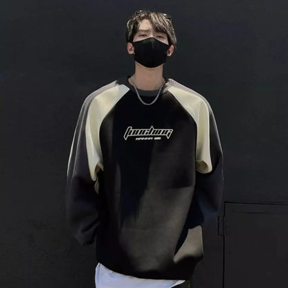 Trendy Personality Korean Motorcycle Style Round Neck Sweatshirt Men 2024 Spring Autumn Niche Contrasting Color Pullover Hot Top Street King Limited