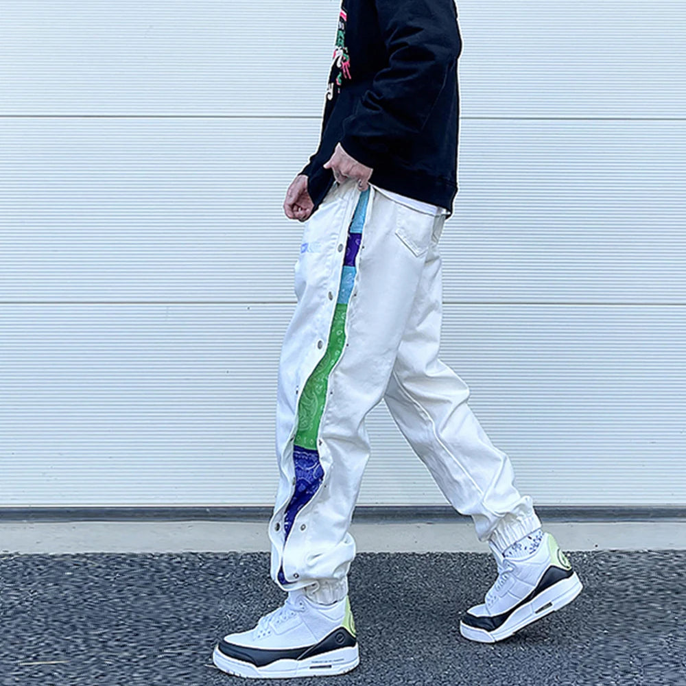 washed distressed denim sweatpant cashew flower patchwork oversized splice buckle jogging jeans casual button baggy men clothing streetwear sweatpants