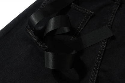 RO Style Ribbons slightly Stretch Baggy Flared Jeans for Men High Street Black Color Boom Cut Oversized Casual Denim Trousers Street King Limited