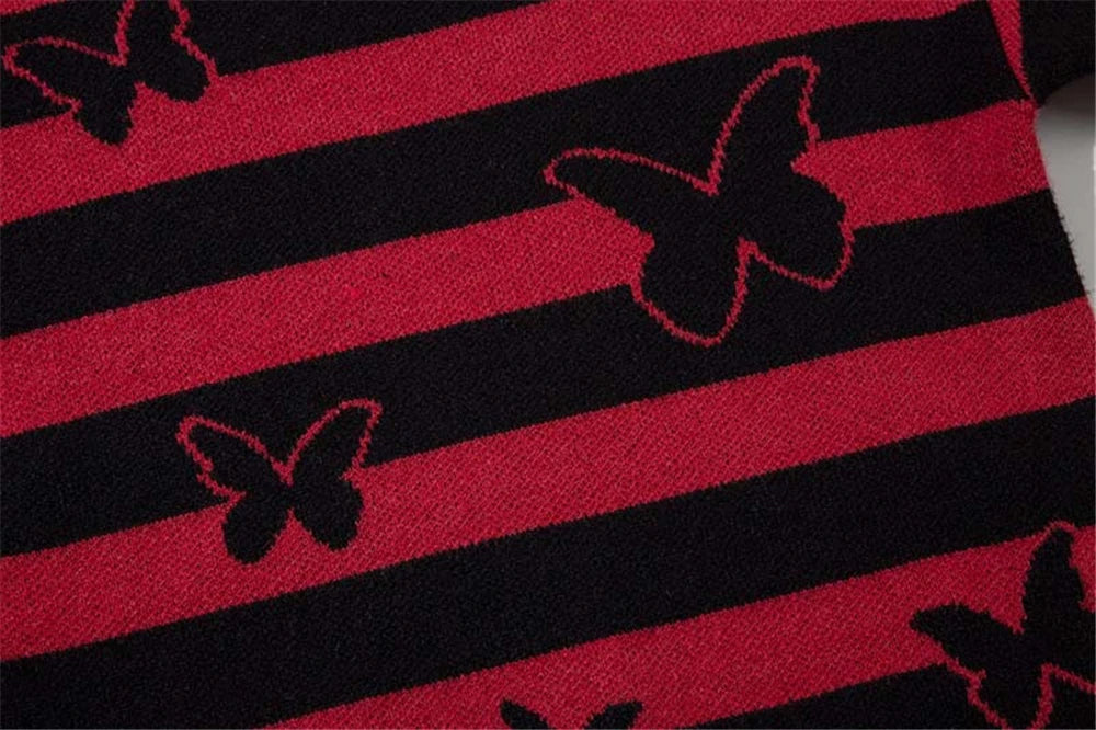 2023 Hip Hop Striped Knitted Sweater Streetwear Butterfly Graphic Distressed Ripped Pullover Men Harajuku Casual Knitwear Unisex Street King Limited