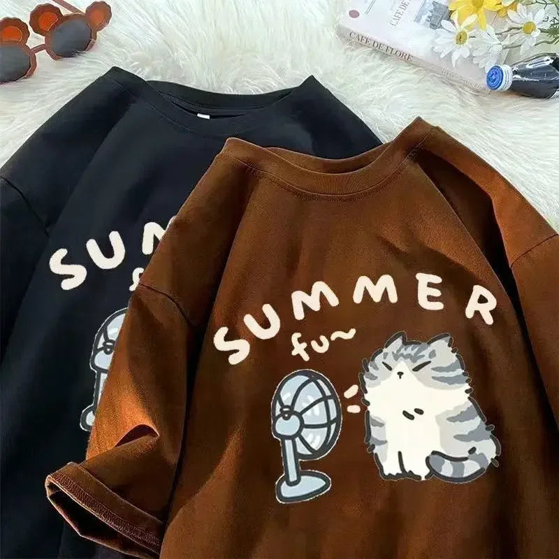 American Street Creative Blow Fan Cat Print Cotton T-shirt for Men and Women Summer Y2K Loose Couple Wear Round Neck INS Top Street King Limited