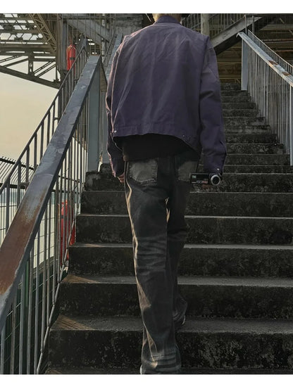 y2k hip hop gradient jacket mens tooling canvas high street lapel short coats washed retro motorcycle outwear trend 2024 new unique shorts style 3796