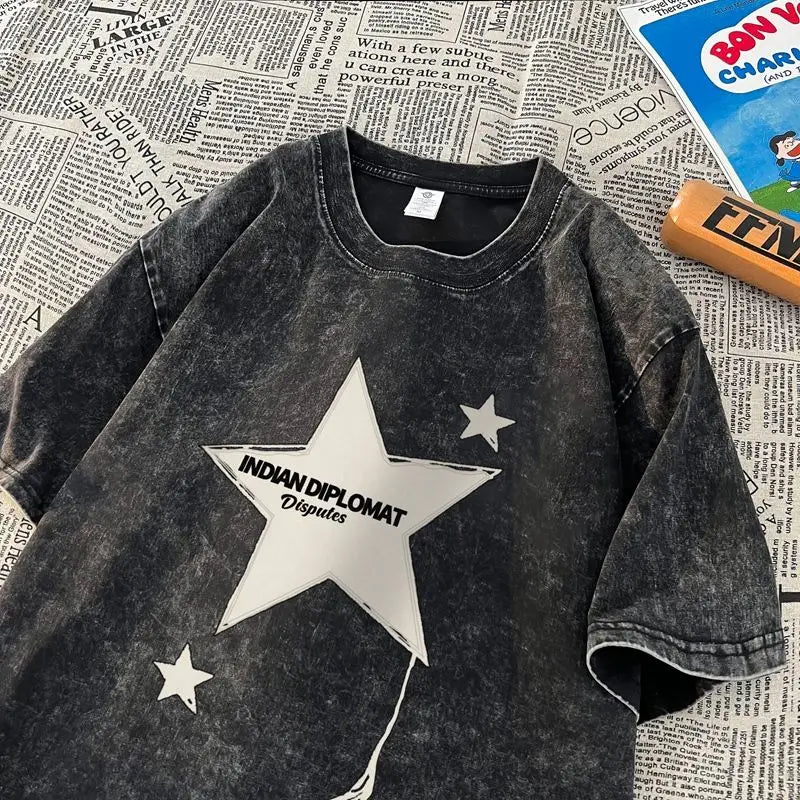 Five-pointed star American washed distressed short-sleeved T-shirt for men in summer loose heavyweight T-shirt trendy y2k tops Street King Limited